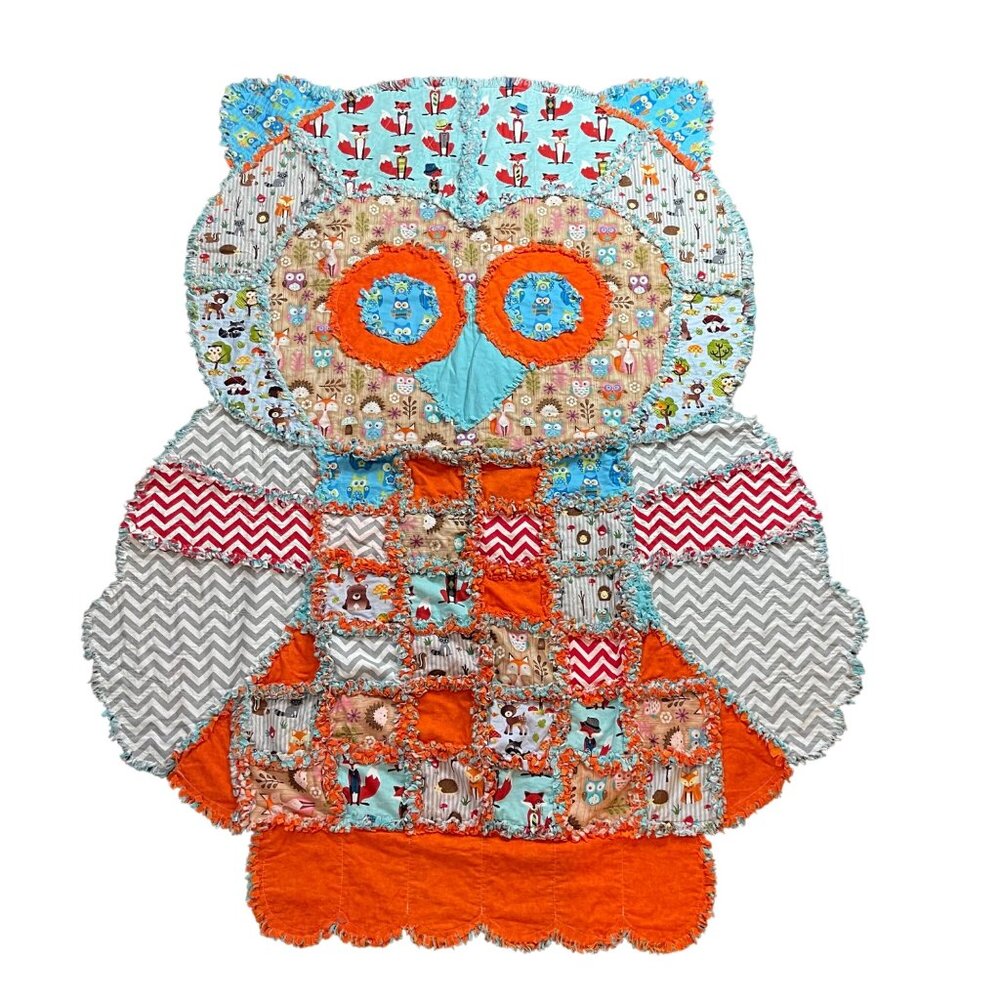 Handcrafted Quilted Owl Blanket Multicolor Woodland Patchwork Print 47in X 58 in